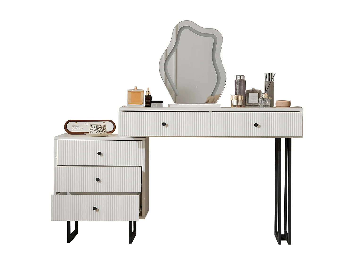 Coiffeuse blanche avec miroir LED 3 couleurs, 5 tiroirs, pieds en métal noir – sans tabouret