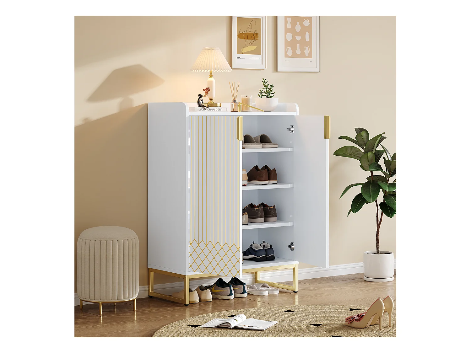 Meuble à chaussures blanc et doré avec 2 portes et étagères réglables - pour salon et entrée