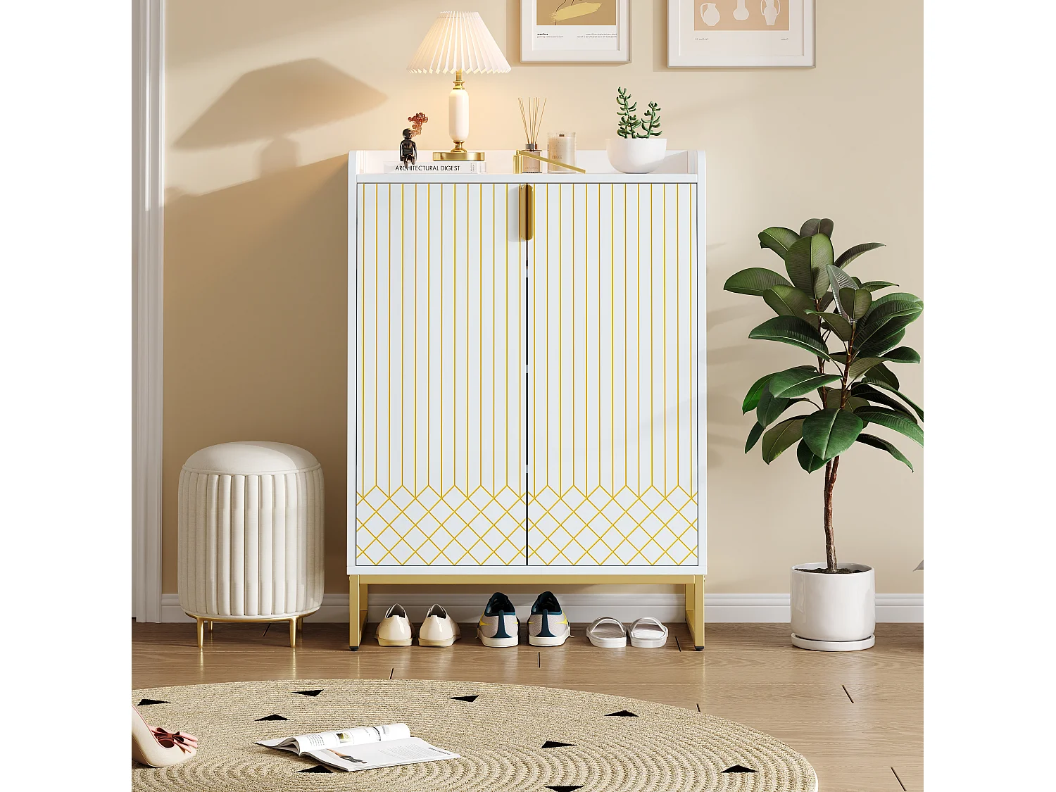 Meuble à chaussures blanc et doré avec 2 portes et étagères réglables - pour salon et entrée