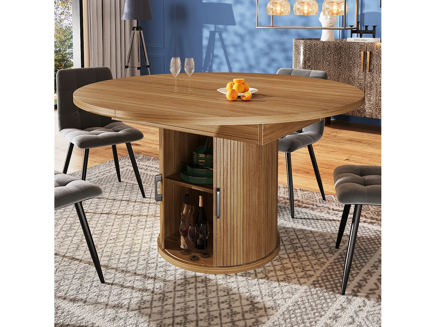 Uitschuifbare eettafel 118-158 cm, walnootkleur, ronde eettafel met opbergruimte