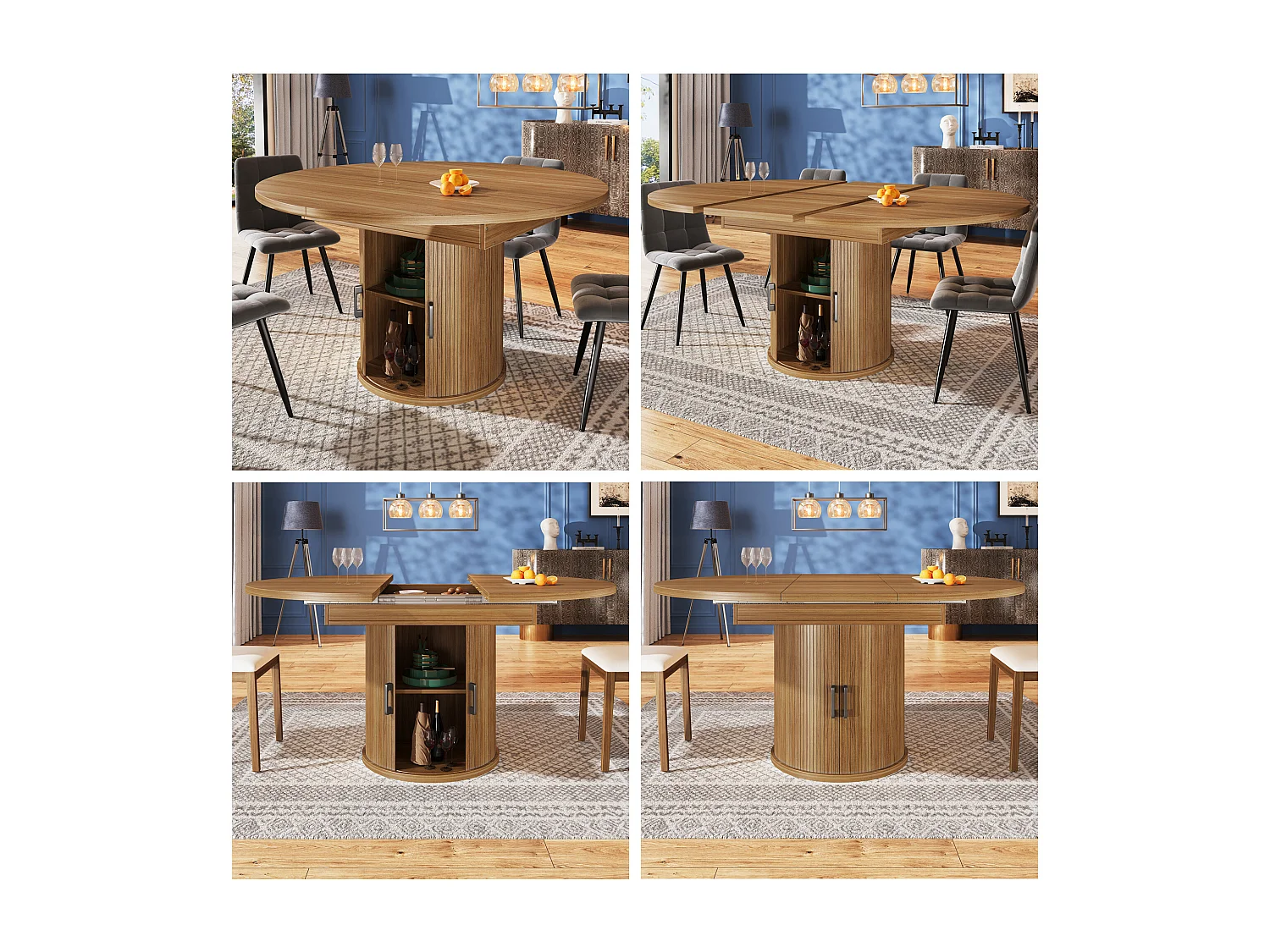 Uitschuifbare eettafel 118-158 cm, walnootkleur, ronde eettafel met opbergruimte