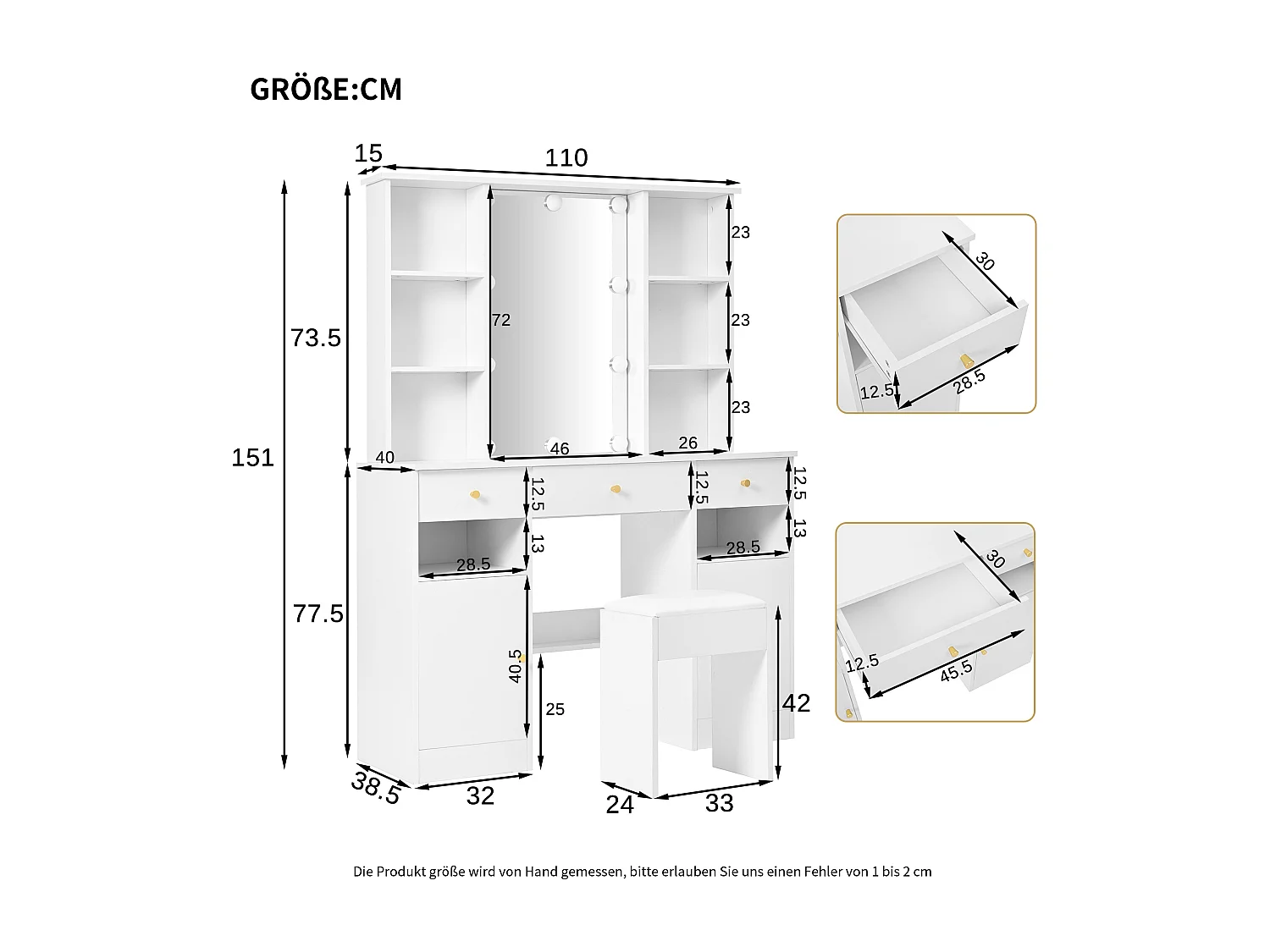Coiffeuse de chambre à coucher avec 3 tiroirs et 2 portes, miroir LED, blanc - tabouret inclus