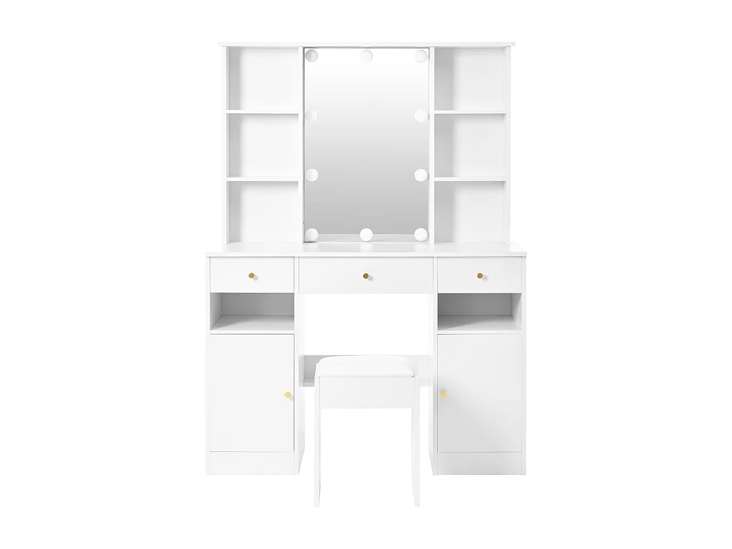 Coiffeuse de chambre à coucher avec 3 tiroirs et 2 portes, miroir LED, blanc - tabouret inclus