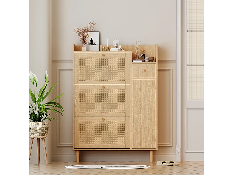 Meuble à chaussures en rotin avec 4 portes et 1 tiroir, pieds et poignées en bois