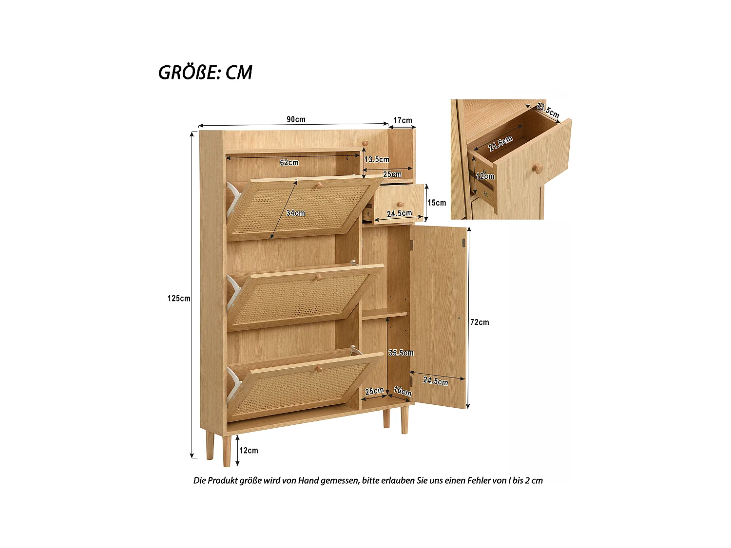 Rattan-Schuhschrank mit 4 Türen und 1 Schublade, Holzbeinen und Griffen