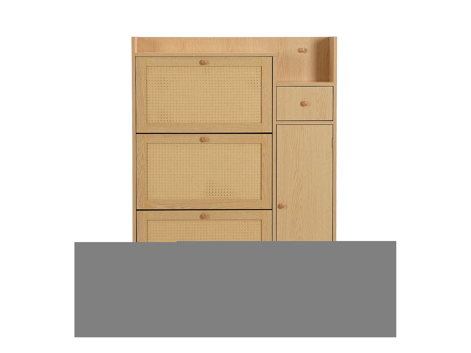 Rattan-Schuhschrank mit 4 Türen und 1 Schublade, Holzbeinen und Griffen