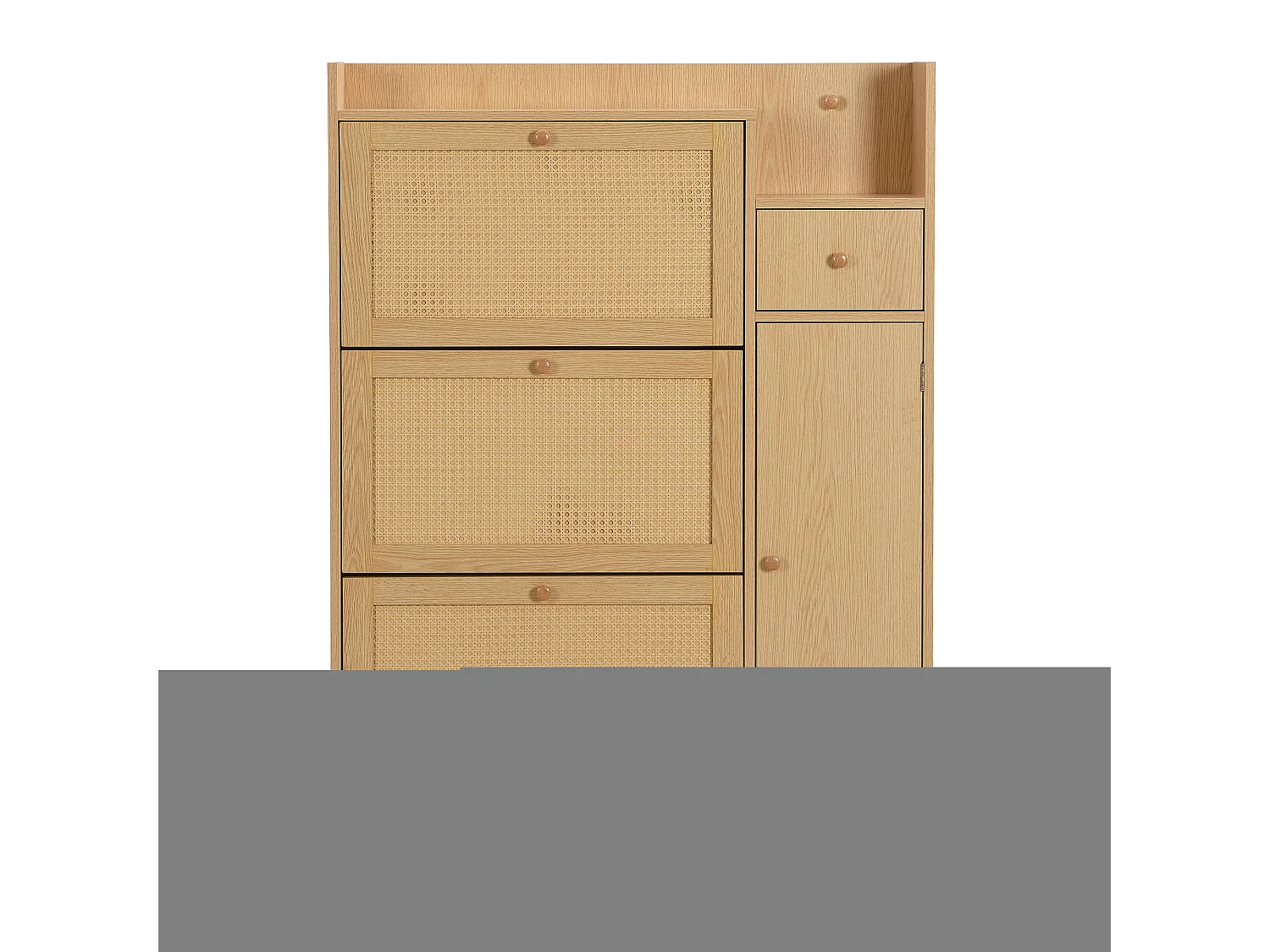 Meuble à chaussures en rotin avec 4 portes et 1 tiroir, pieds et poignées en bois