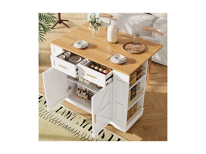 Desserte de cuisine mobile avec 2 portes et 2 tiroirs, îlot imitation bois, blanc - pour cuisine et salon