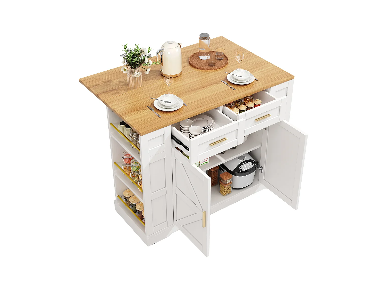 Desserte de cuisine mobile avec 2 portes et 2 tiroirs, îlot imitation bois, blanc - pour cuisine et salon