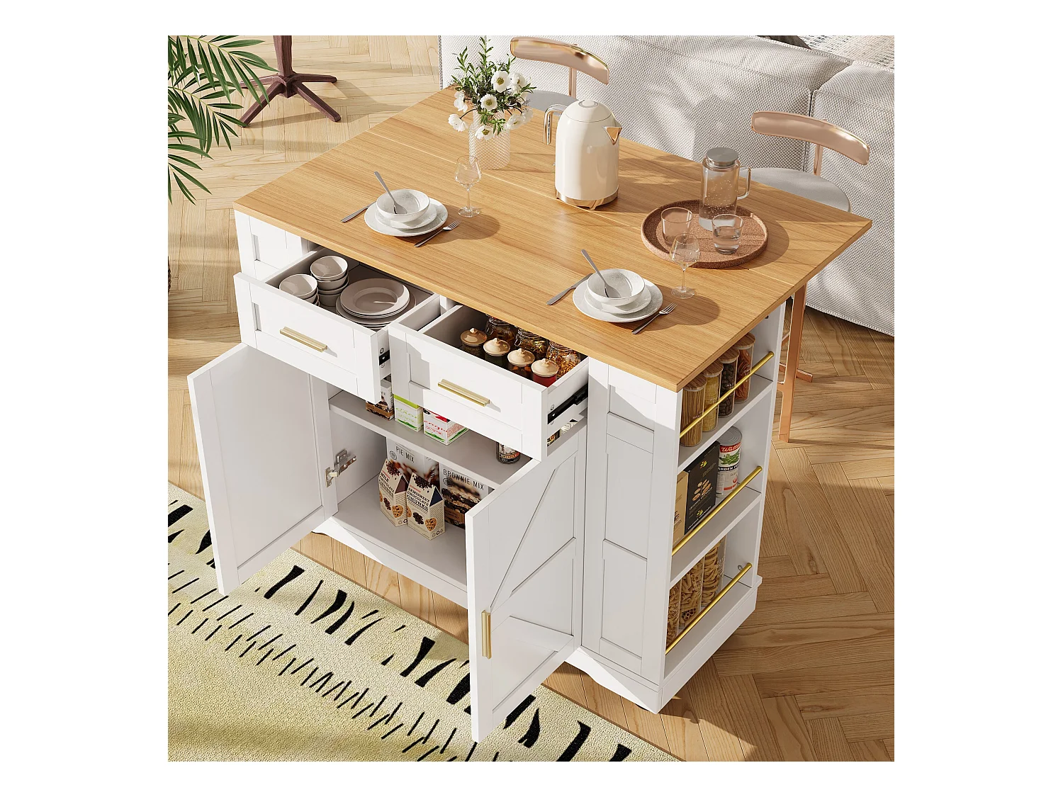Desserte de cuisine mobile avec 2 portes et 2 tiroirs, îlot imitation bois, blanc - pour cuisine et salon