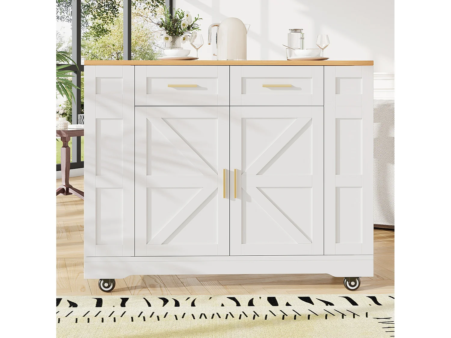 Desserte de cuisine mobile avec 2 portes et 2 tiroirs, îlot imitation bois, blanc - pour cuisine et salon