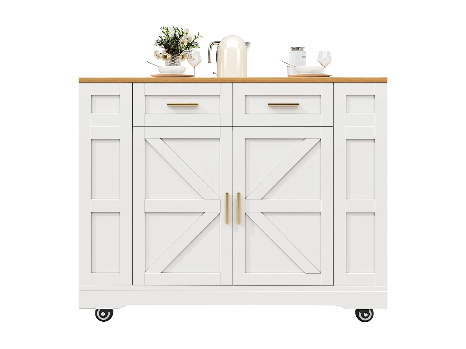 Desserte de cuisine mobile avec 2 portes et 2 tiroirs, îlot imitation bois, blanc - pour cuisine et salon