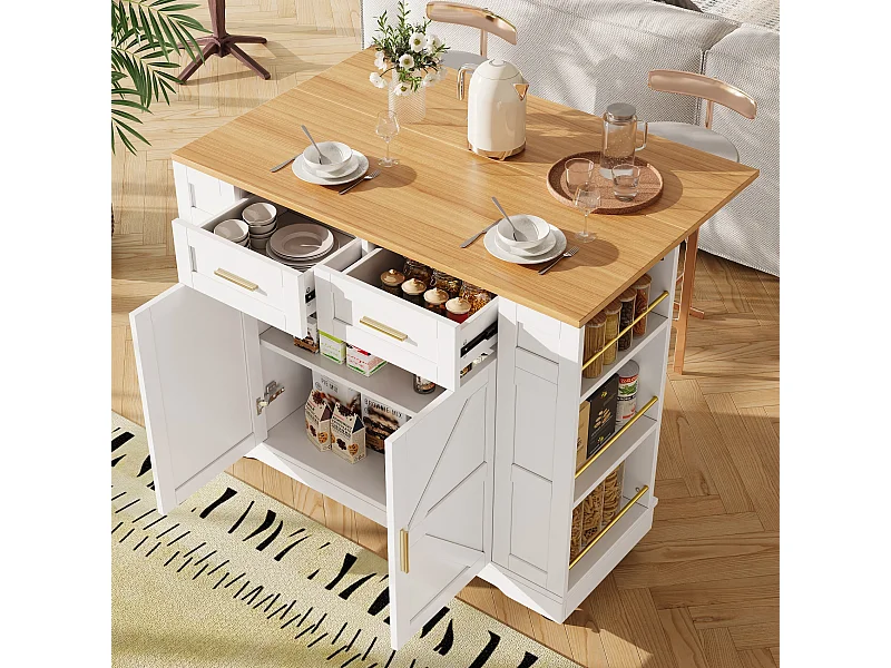 Desserte de cuisine mobile avec 2 portes et 2 tiroirs, îlot imitation bois, blanc - pour cuisine et salon