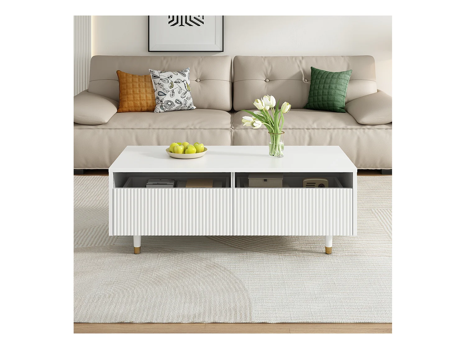 Table basse blanche avec éclairage LED réglable et 2 tiroirs à motif rayé - pour salons et bureaux