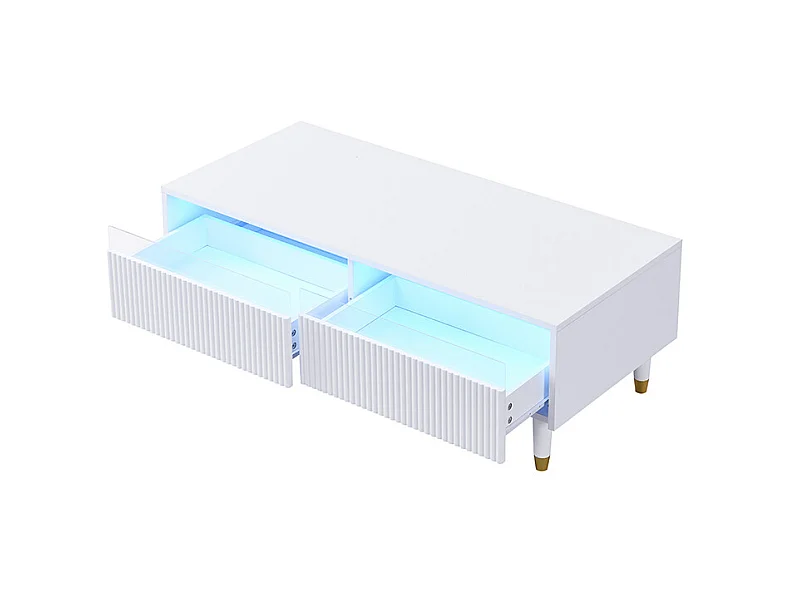 Table basse blanche avec éclairage LED réglable et 2 tiroirs à motif rayé - pour salons et bureaux