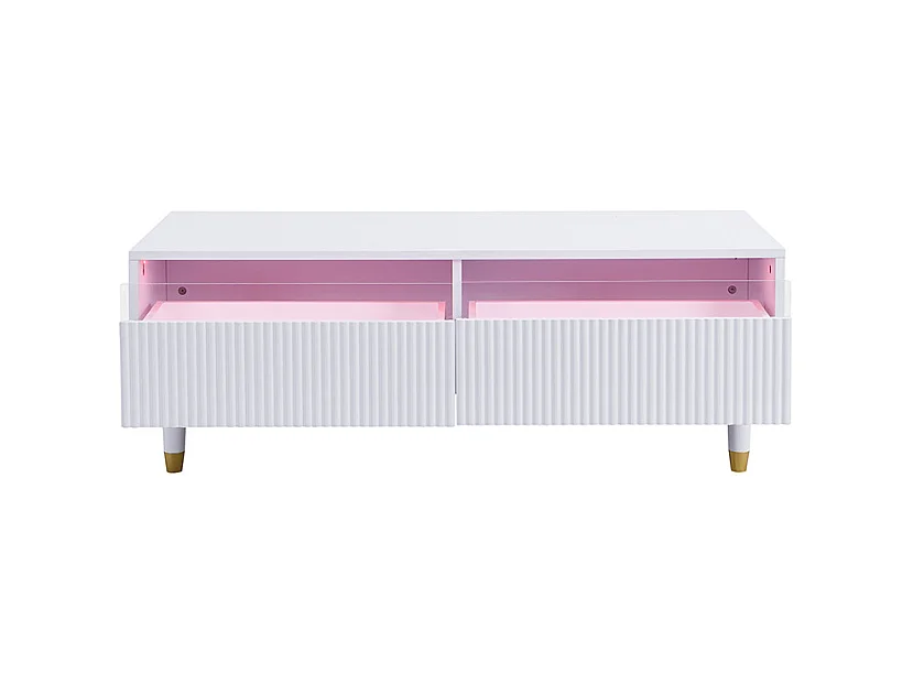 Table basse blanche avec éclairage LED réglable et 2 tiroirs à motif rayé - pour salons et bureaux