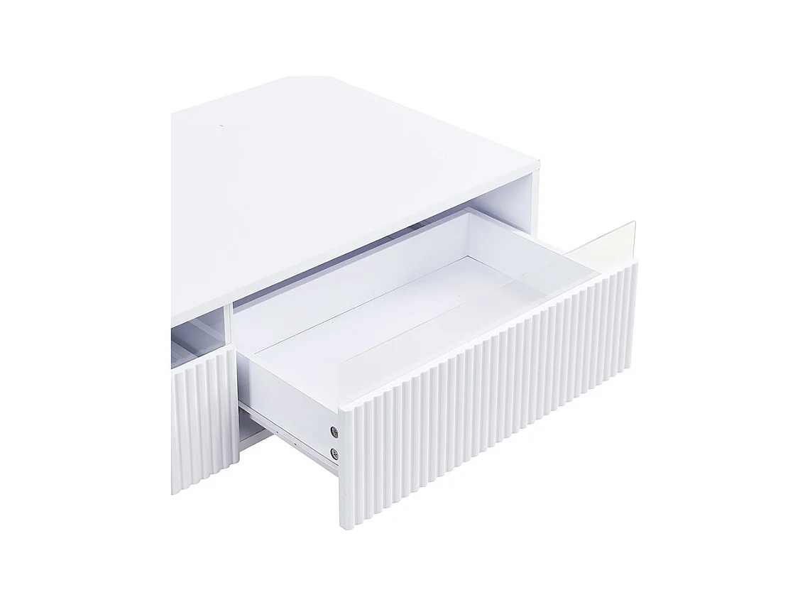 Table basse blanche avec éclairage LED réglable et 2 tiroirs à motif rayé - pour salons et bureaux