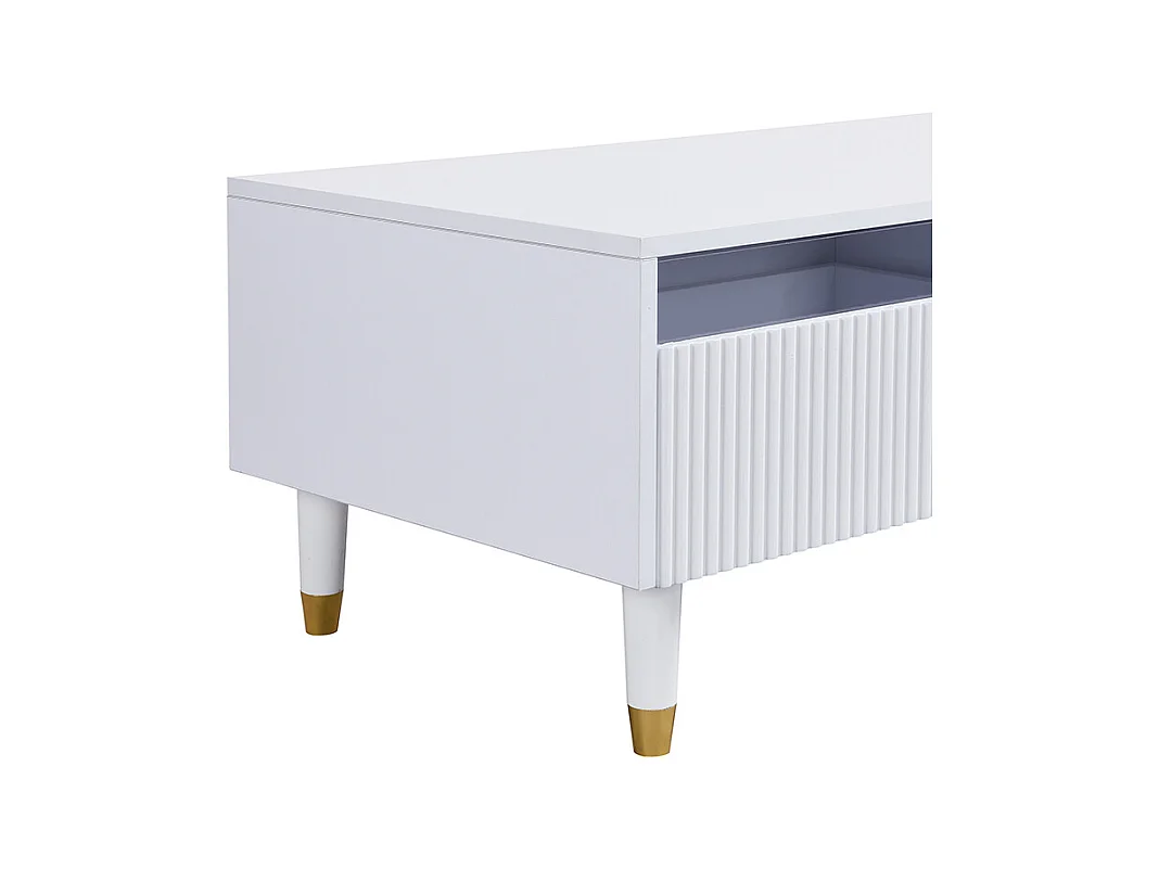 Table basse blanche avec éclairage LED réglable et 2 tiroirs à motif rayé - pour salons et bureaux