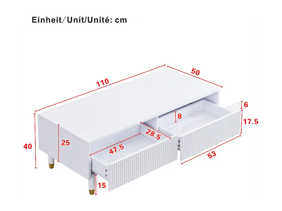 Witte salontafel met verstelbare ledverlichting en twee gestreepte lades - perfect voor woonkamers en studeerkamers