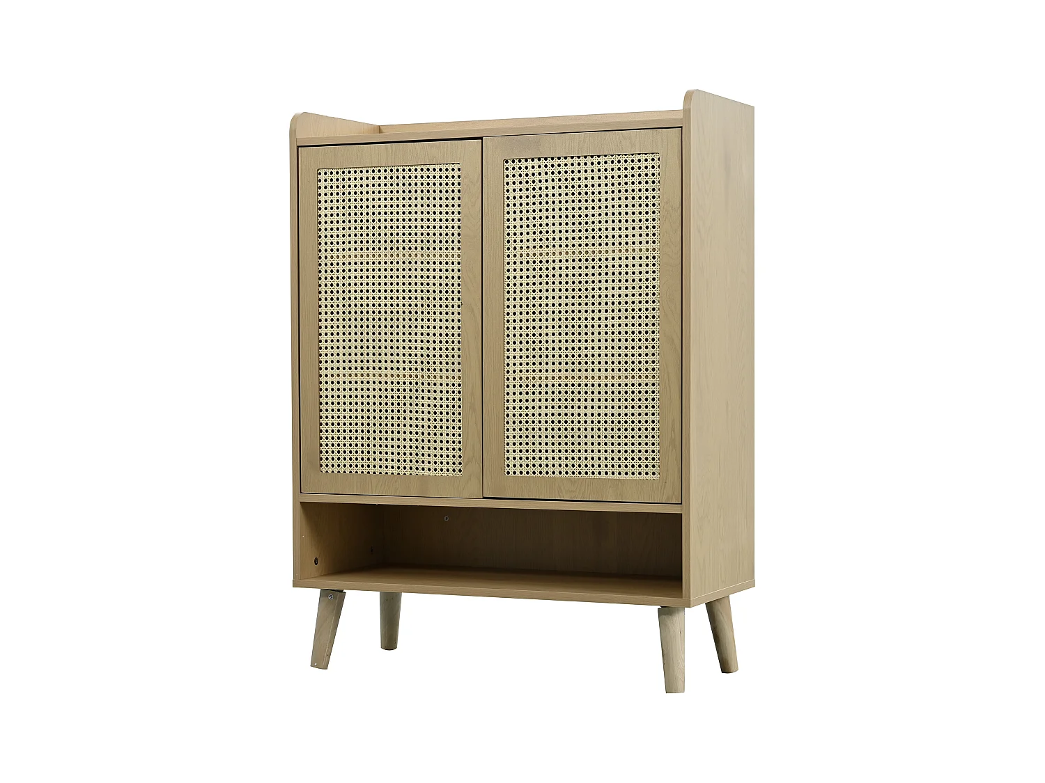 Meuble à chaussures couleur naturelle avec 2 portes en rotin, poignées et pieds en bois