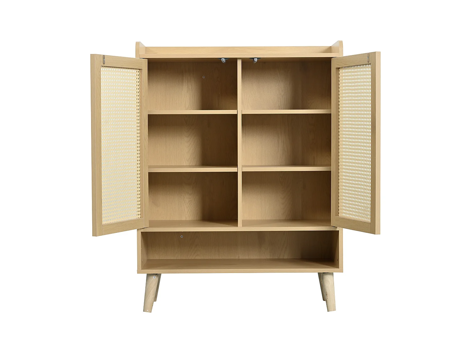 Meuble à chaussures couleur naturelle avec 2 portes en rotin, poignées et pieds en bois