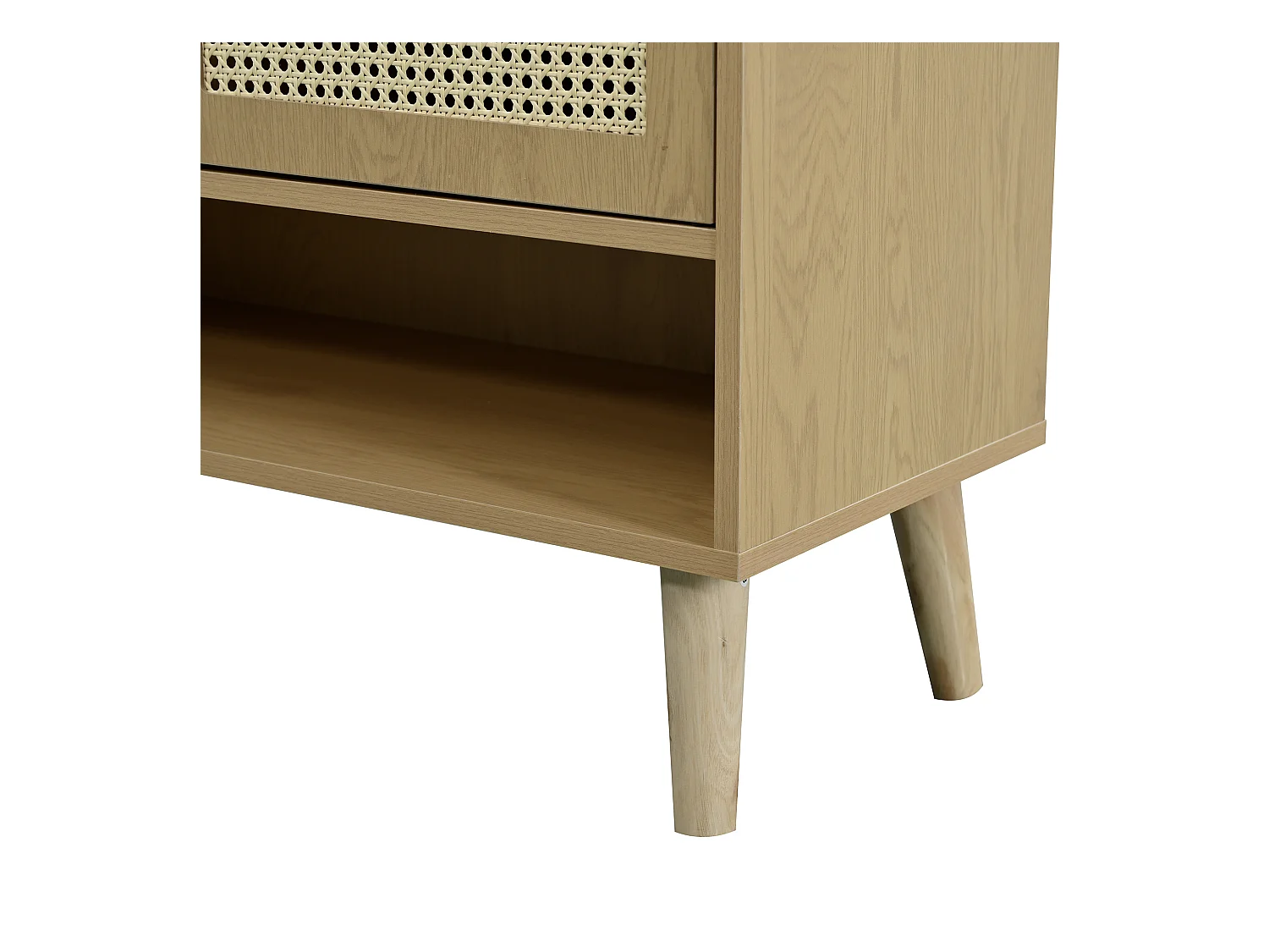 Meuble à chaussures couleur naturelle avec 2 portes en rotin, poignées et pieds en bois