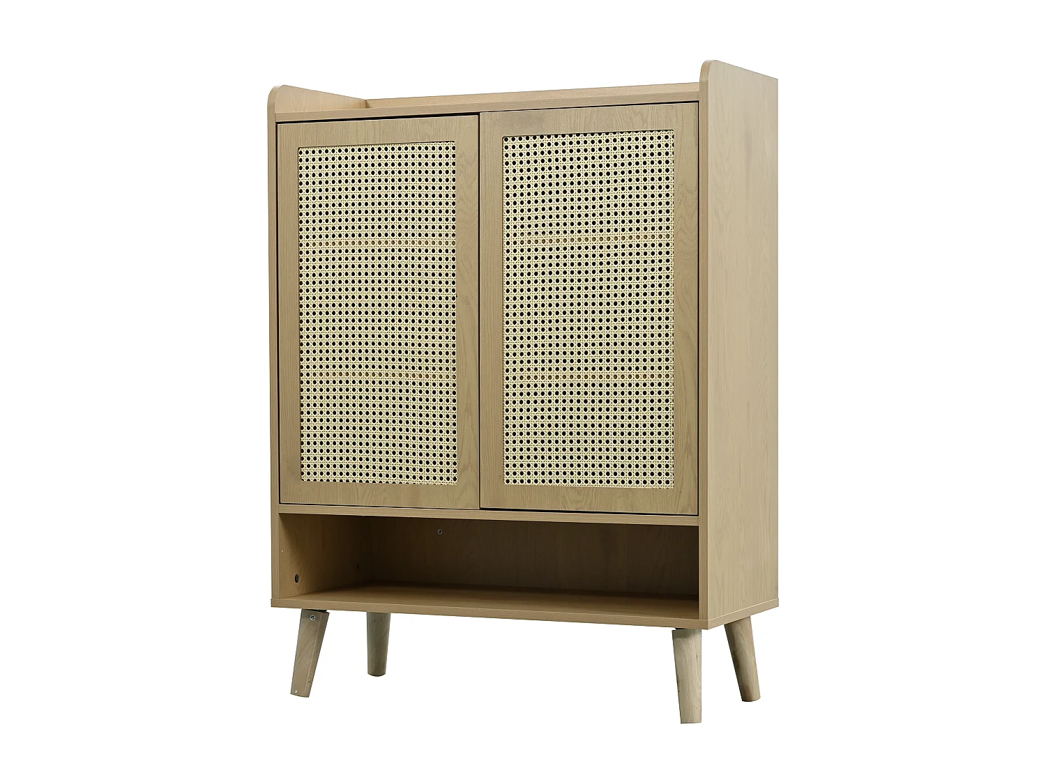 Meuble à chaussures couleur naturelle avec 2 portes en rotin, poignées et pieds en bois