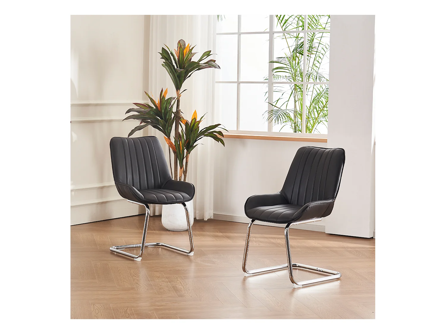 Lot de 2 chaises de salle à manger avec dossier rembourré et pieds en métal argenté - PU noir