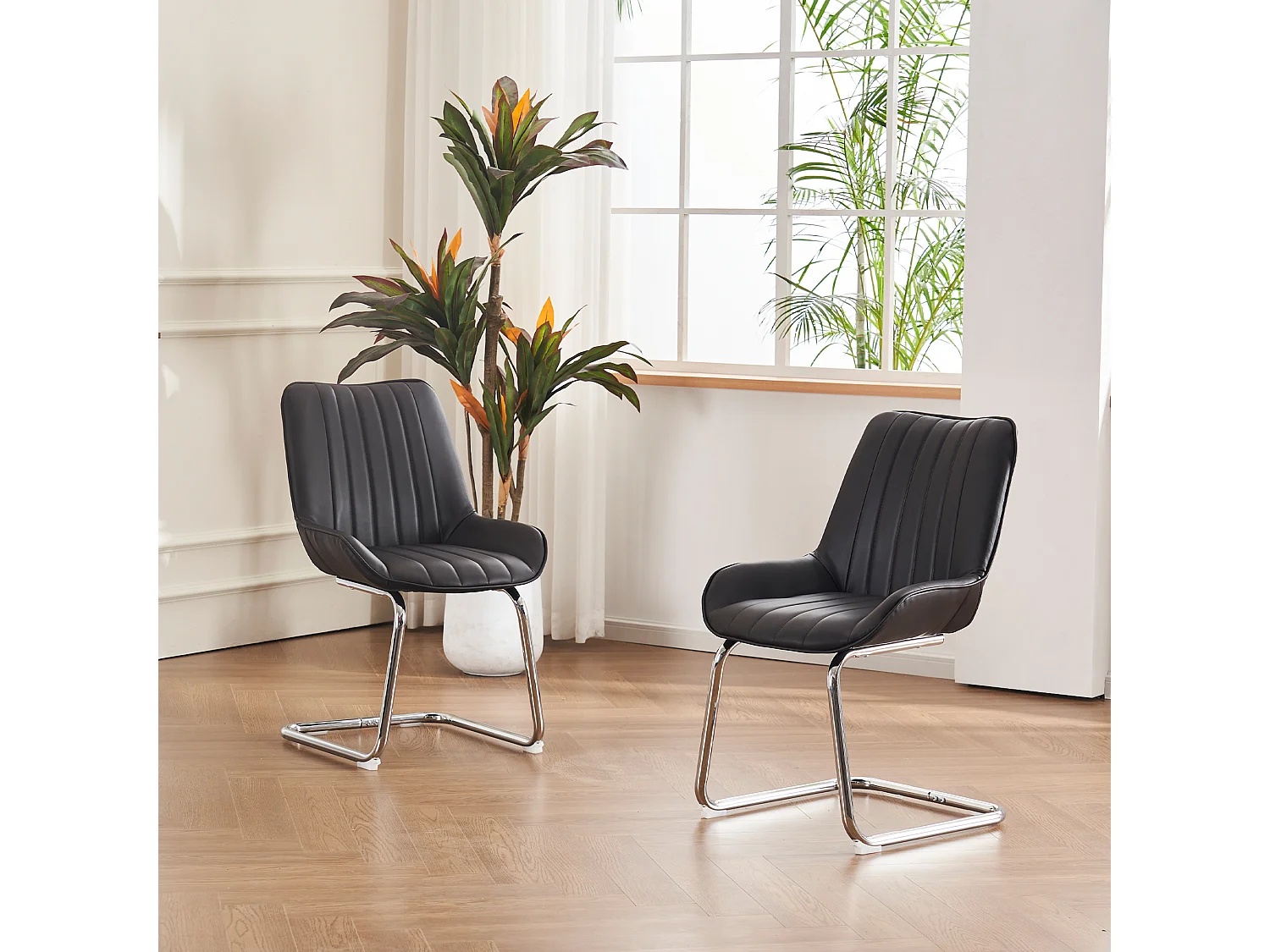 Lot de 2 chaises de salle à manger avec dossier rembourré et pieds en métal argenté - PU noir