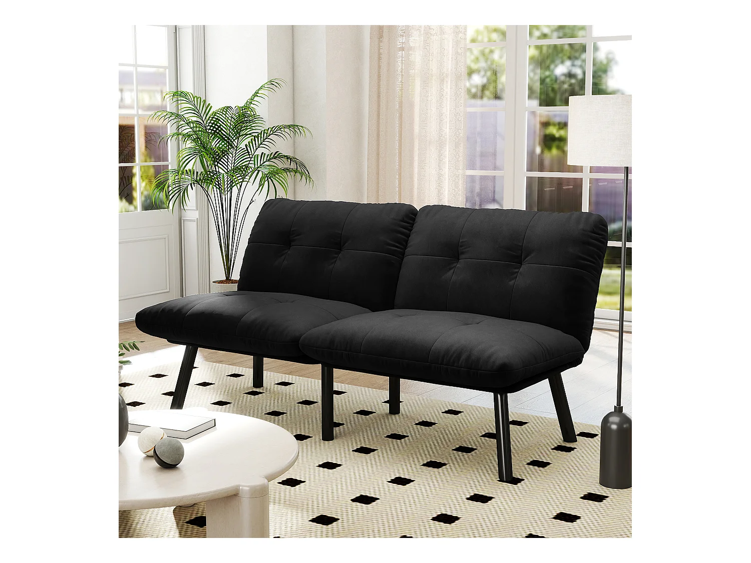 Canapé 2 places convertible en velours noir avec dossier inclinable - design moderne