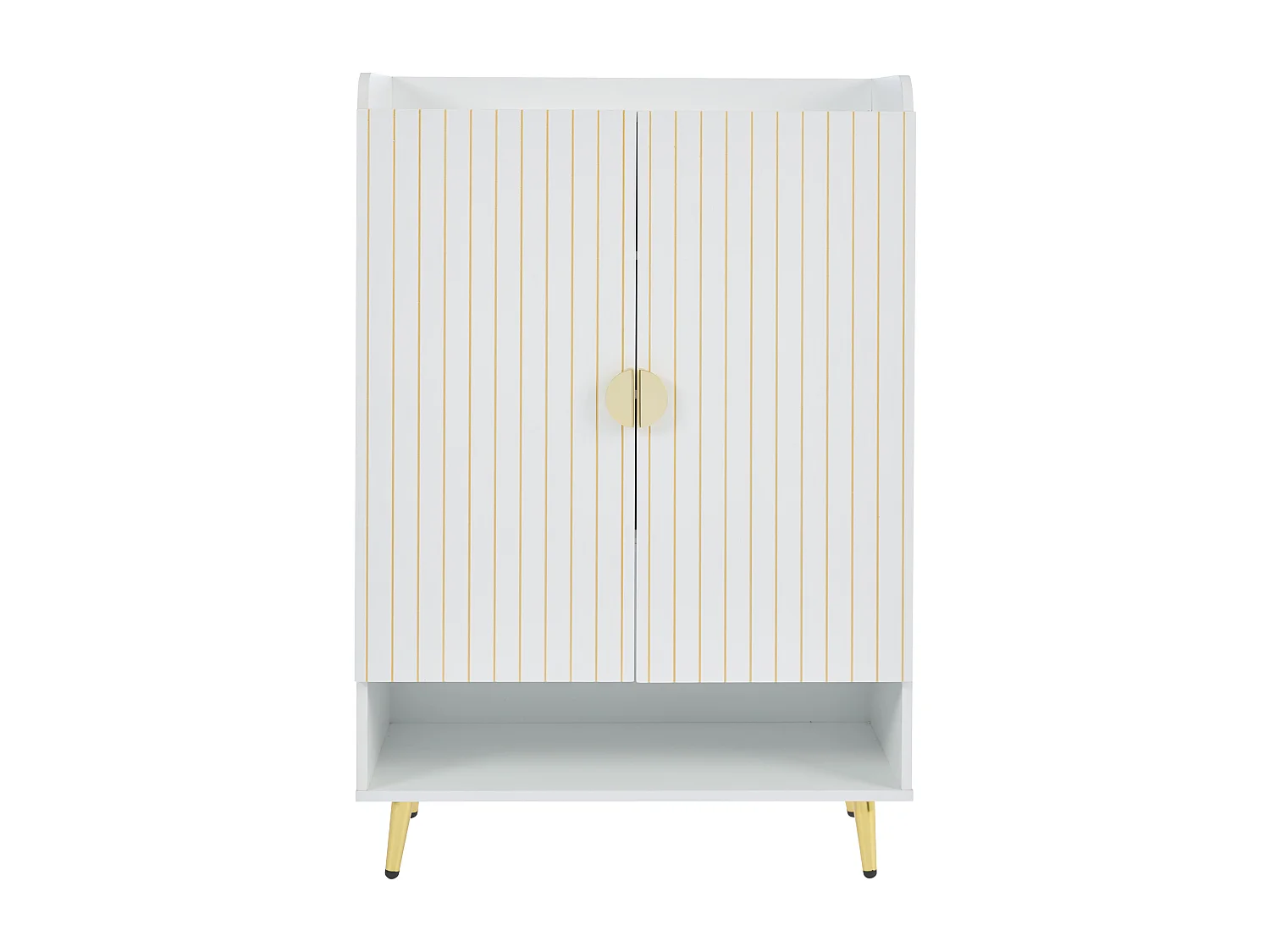 Meuble à chaussures blanc avec 2 portes et étagères ouvertes, poignées et pieds dorés