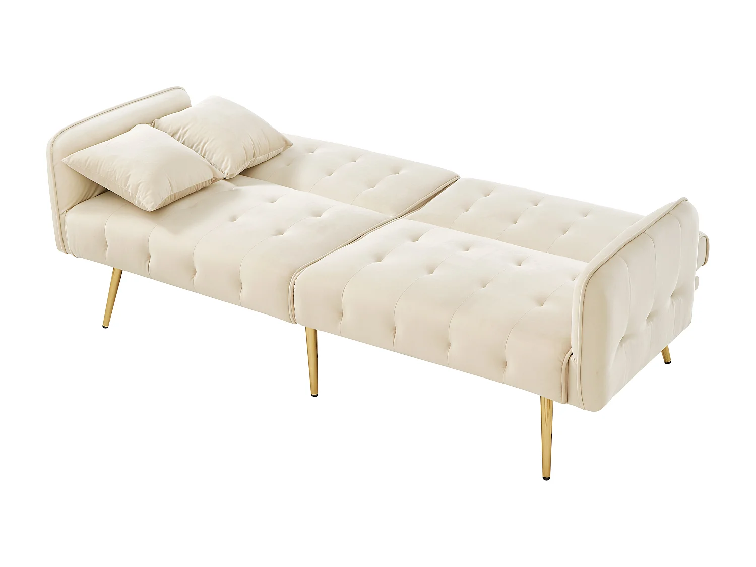 Beige fluwelen tweezitsbank met verstelbare armleuningen en rugleuning, goudkleurige metalen poten