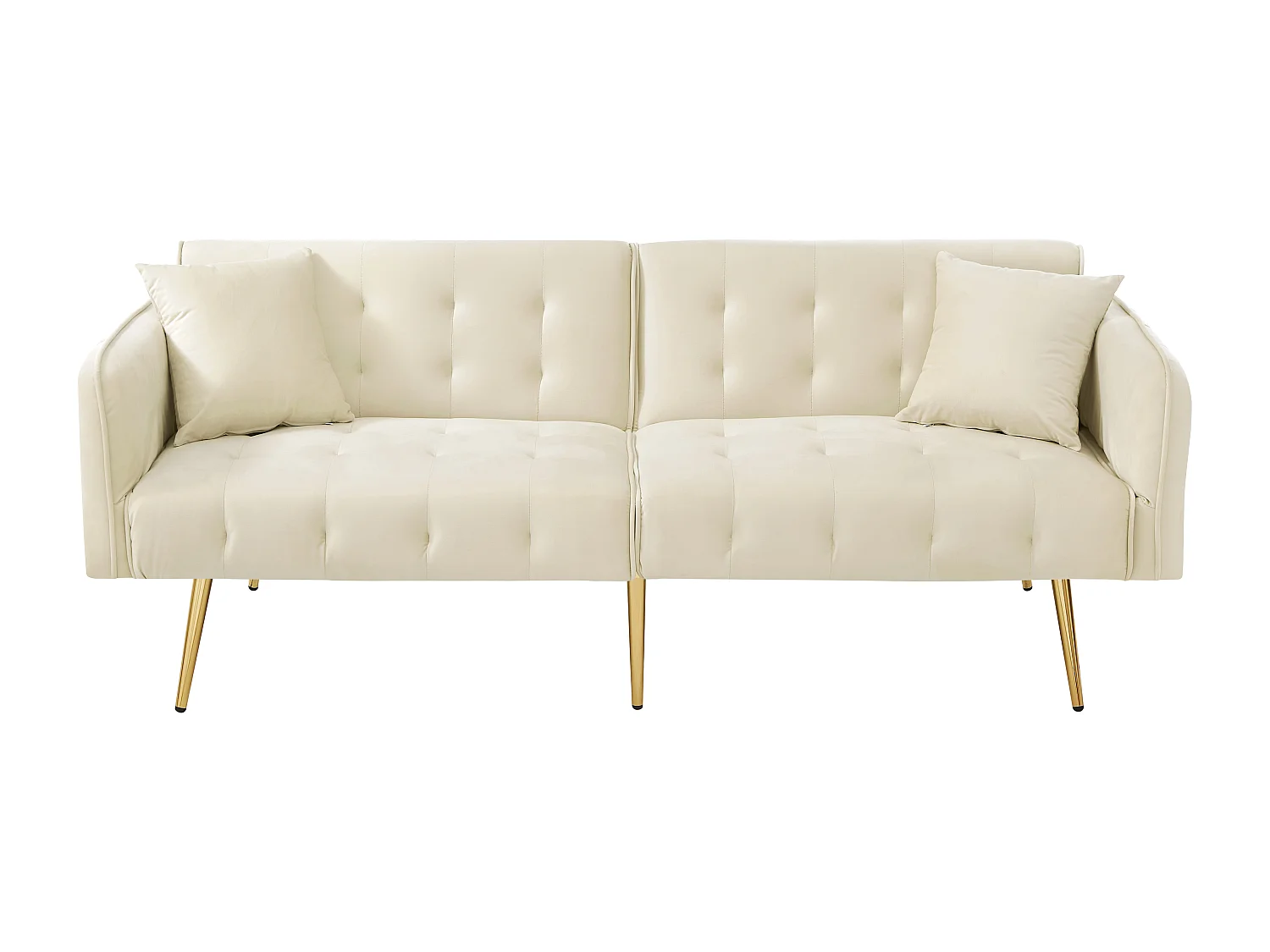 Beige fluwelen tweezitsbank met verstelbare armleuningen en rugleuning, goudkleurige metalen poten