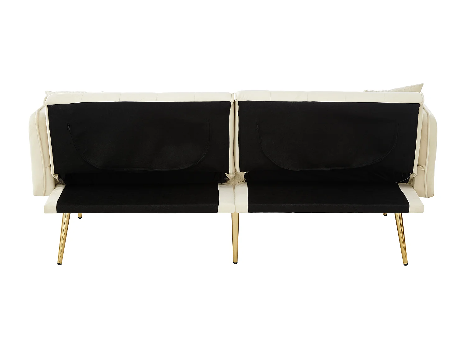 Beige fluwelen tweezitsbank met verstelbare armleuningen en rugleuning, goudkleurige metalen poten