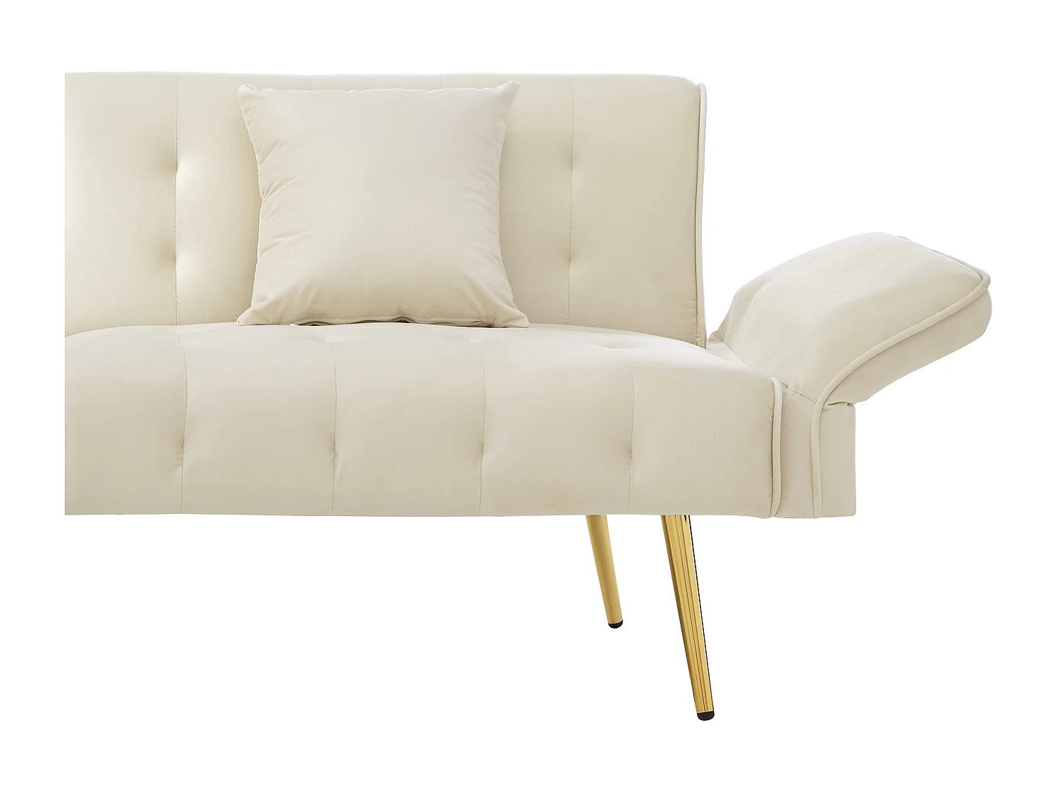 Beige fluwelen tweezitsbank met verstelbare armleuningen en rugleuning, goudkleurige metalen poten