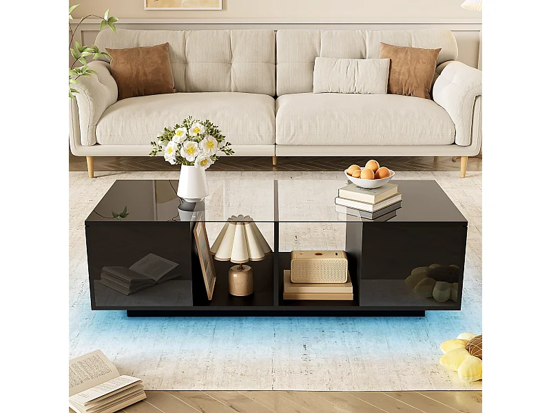 Zwarte salontafel met ledverlichting en opbergruimte - perfect voor woonkamers en studeerkamers