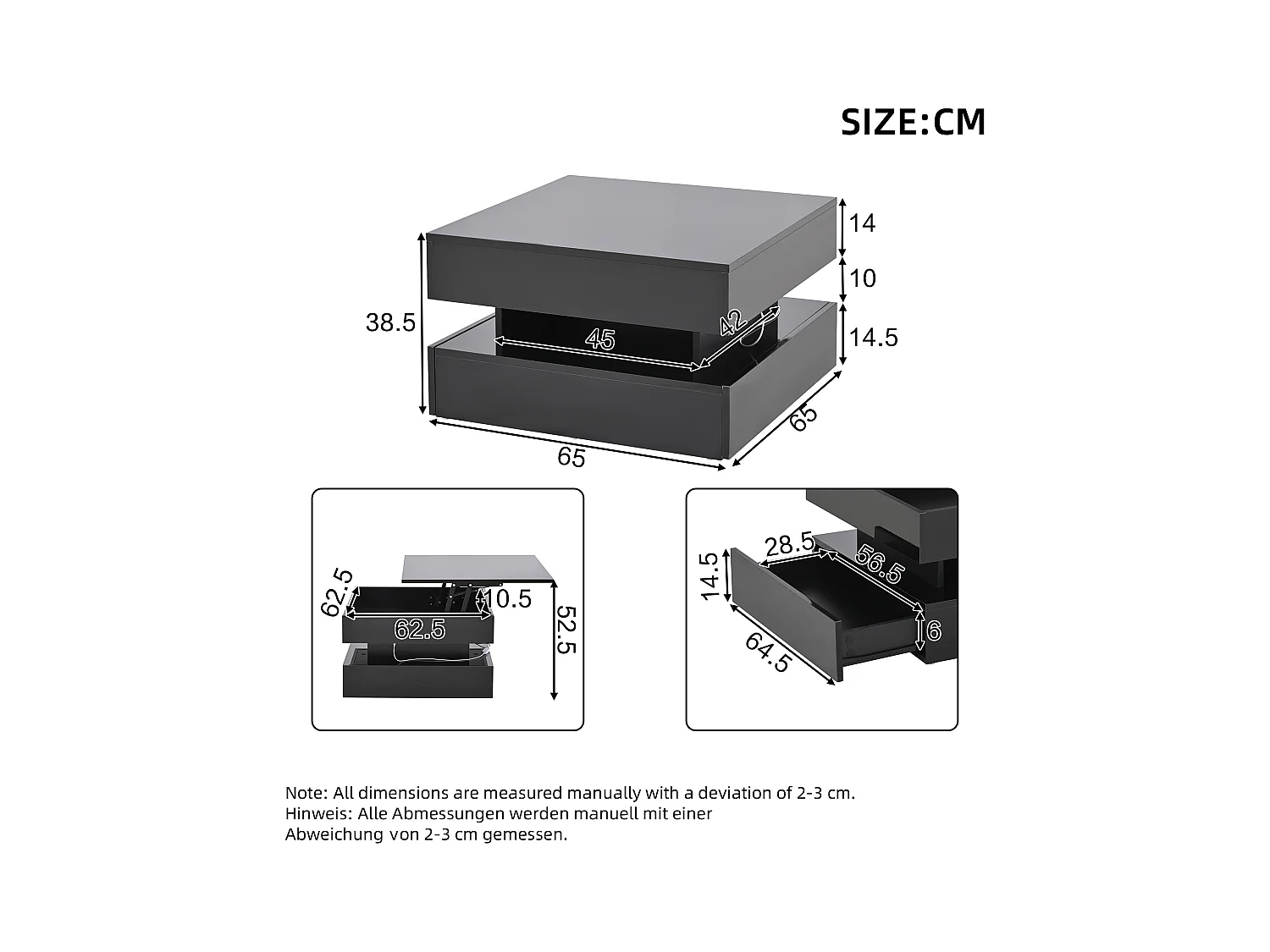 Table basse noire brillante avec plateau relevable et 2 tiroirs de rangement, éclairage LED