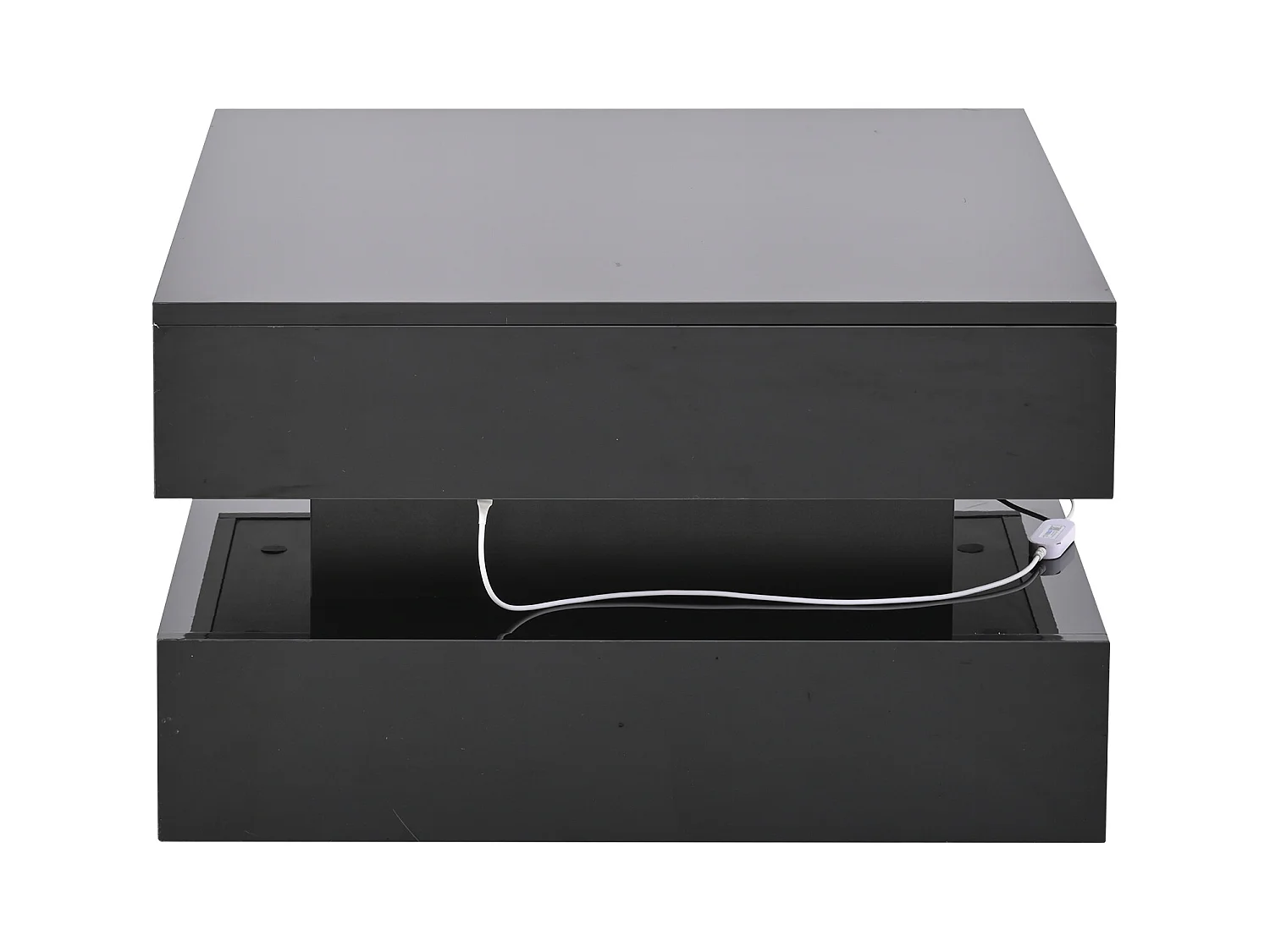 Table basse noire brillante avec plateau relevable et 2 tiroirs de rangement, éclairage LED