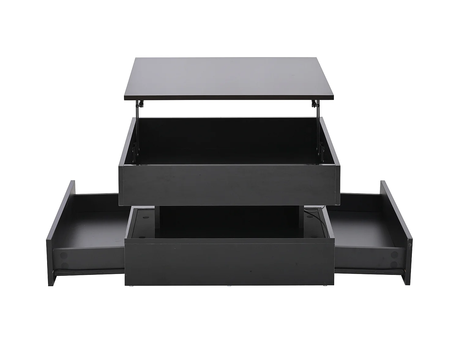 Table basse noire brillante avec plateau relevable et 2 tiroirs de rangement, éclairage LED