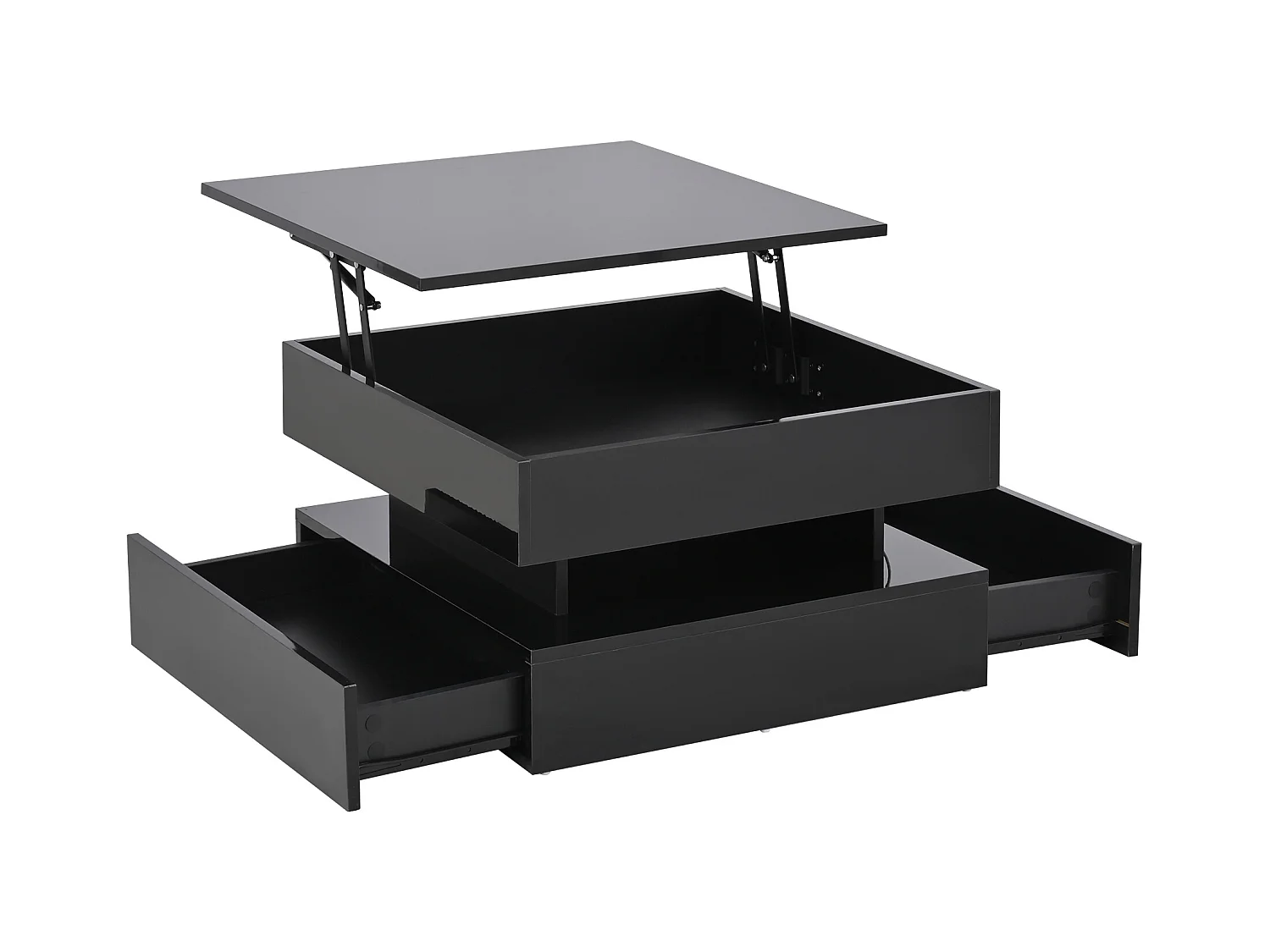Table basse noire brillante avec plateau relevable et 2 tiroirs de rangement, éclairage LED