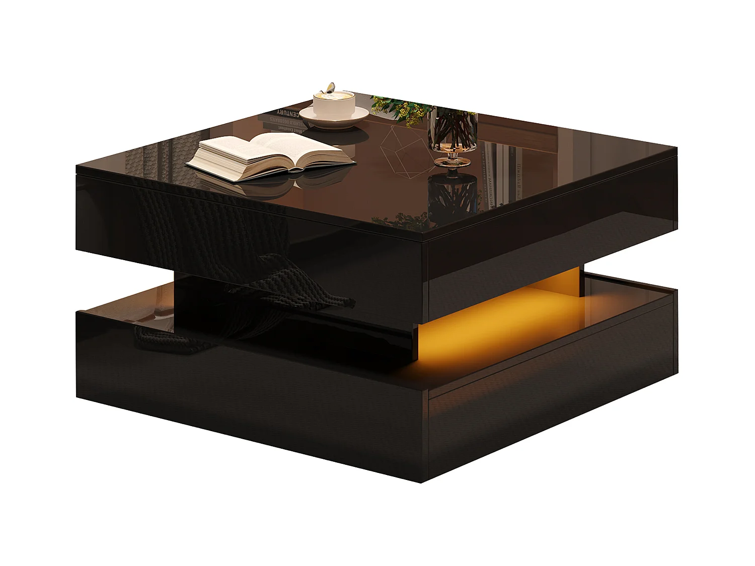 Table basse noire brillante avec plateau relevable et 2 tiroirs de rangement, éclairage LED