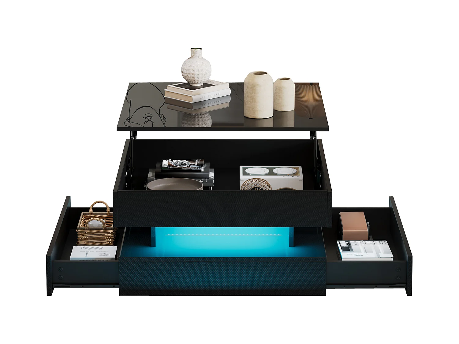 Table basse noire brillante avec plateau relevable et 2 tiroirs de rangement, éclairage LED