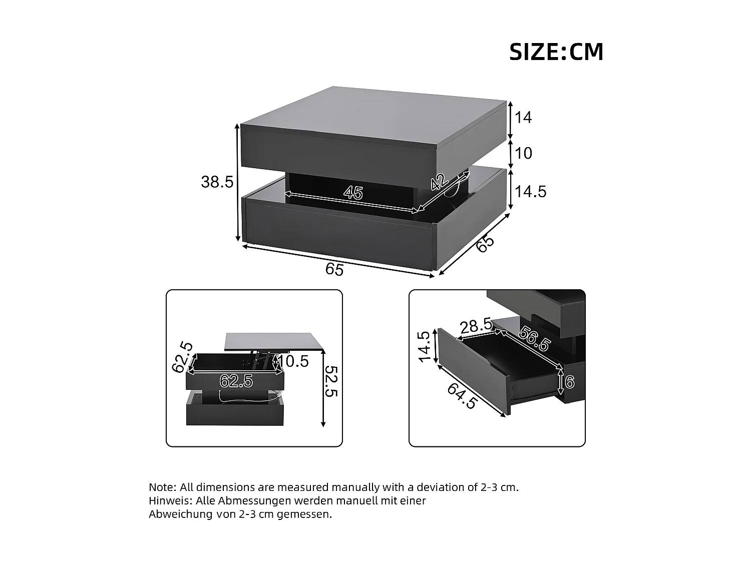 Table basse noire brillante avec plateau relevable et 2 tiroirs de rangement, éclairage LED