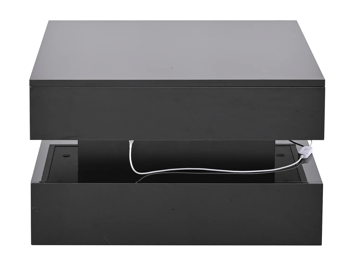 Table basse noire brillante avec plateau relevable et 2 tiroirs de rangement, éclairage LED