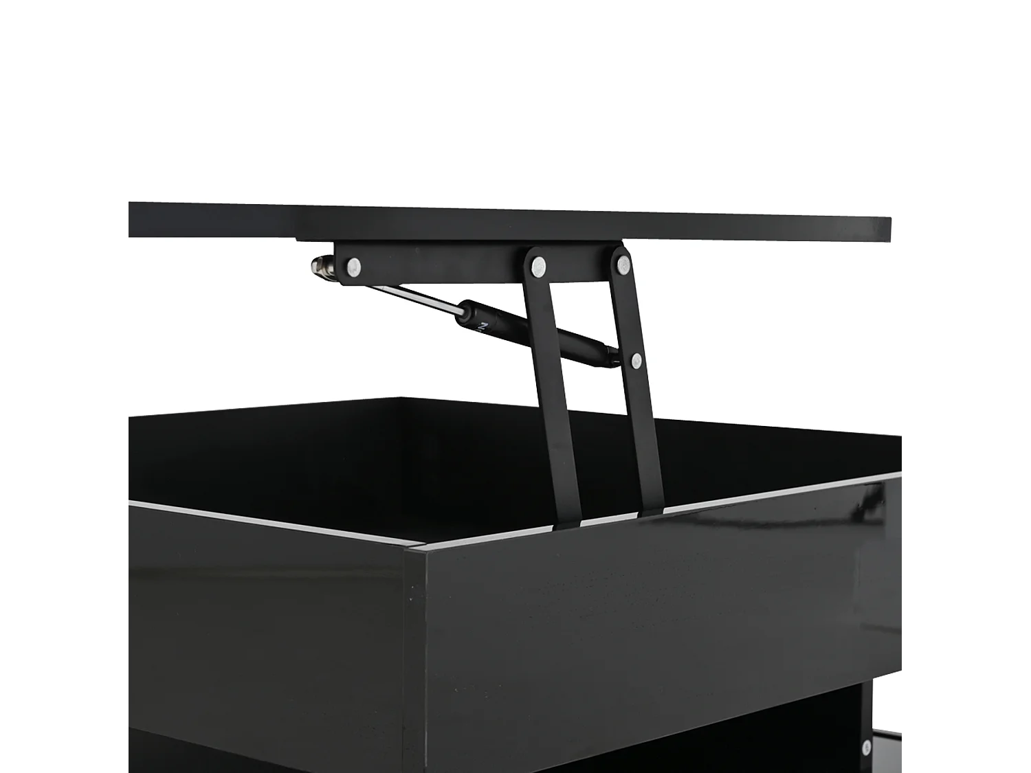 Table basse noire brillante avec plateau relevable et 2 tiroirs de rangement, éclairage LED