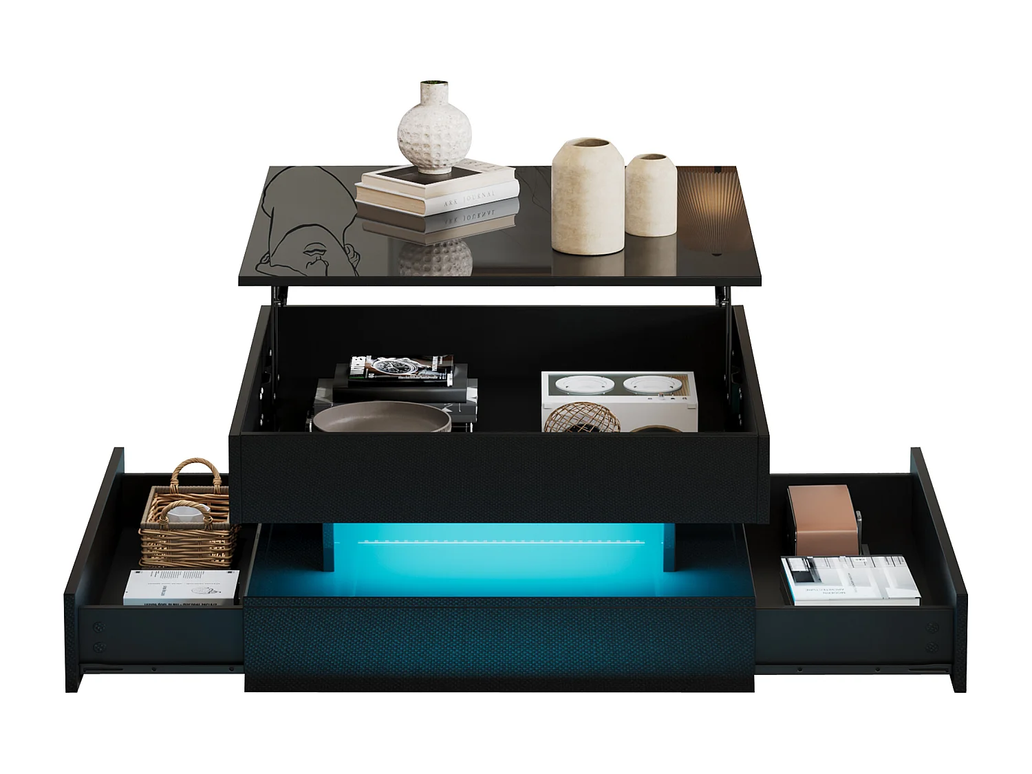 Table basse noire brillante avec plateau relevable et 2 tiroirs de rangement, éclairage LED