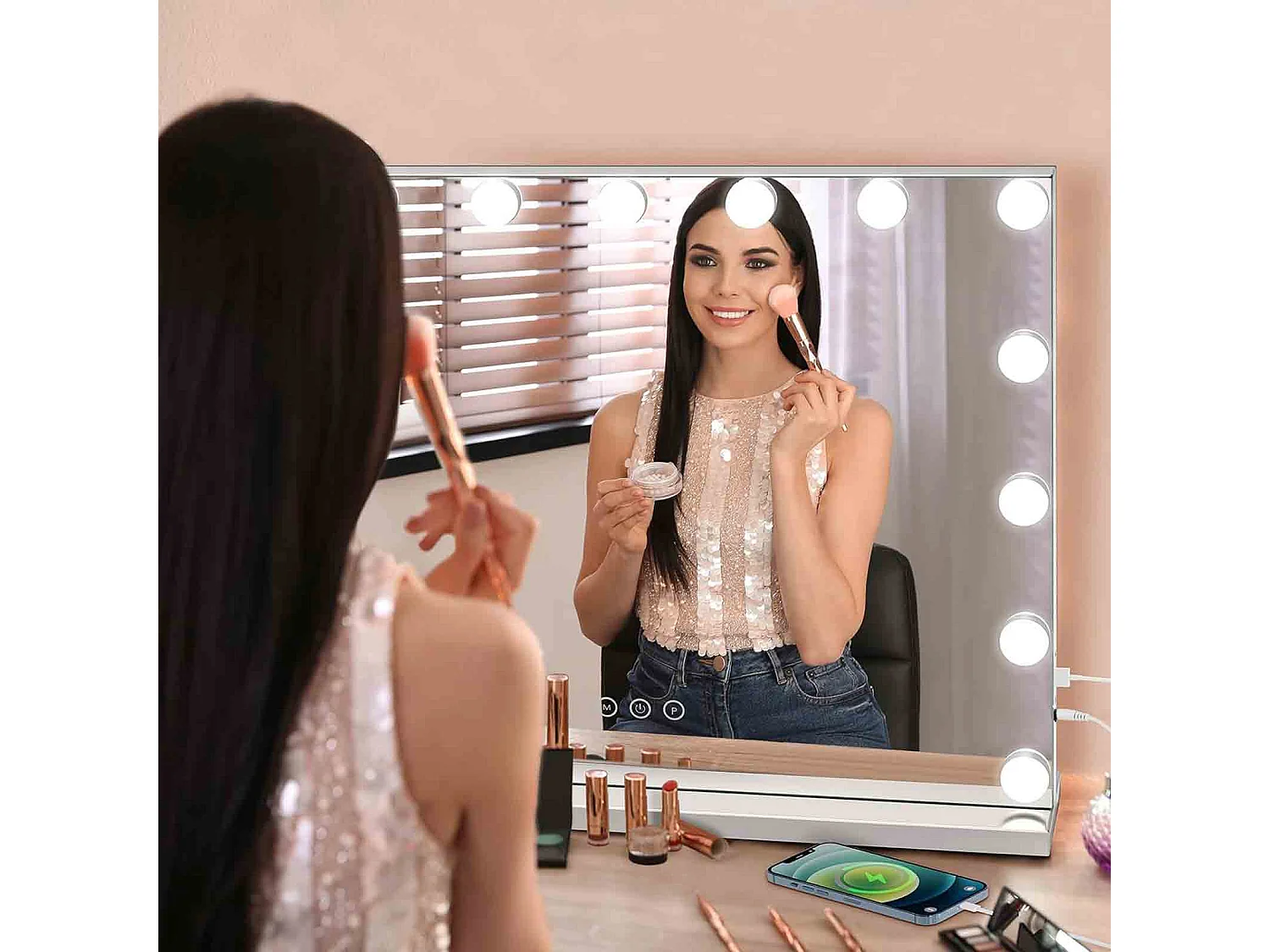 Miroir de maquillage blanc - avec 15 ampoules LED et port de chargement USB - 3 couleurs à intensité variable