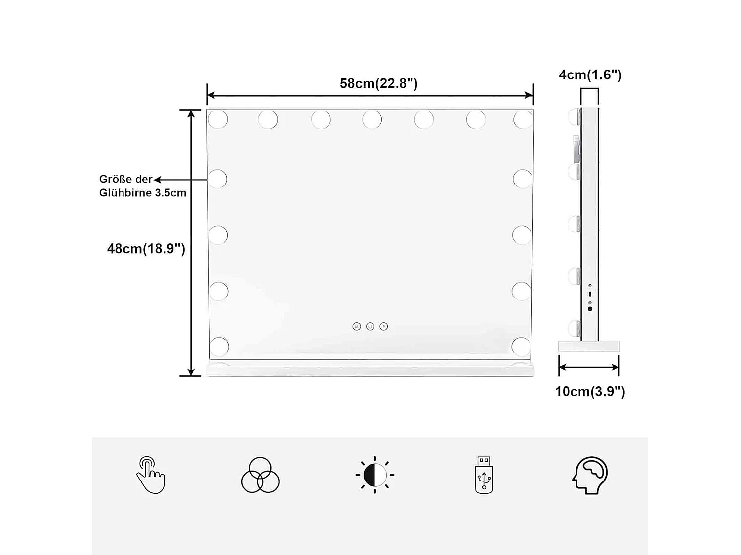 Miroir de maquillage blanc - avec 15 ampoules LED et port de chargement USB - 3 couleurs à intensité variable