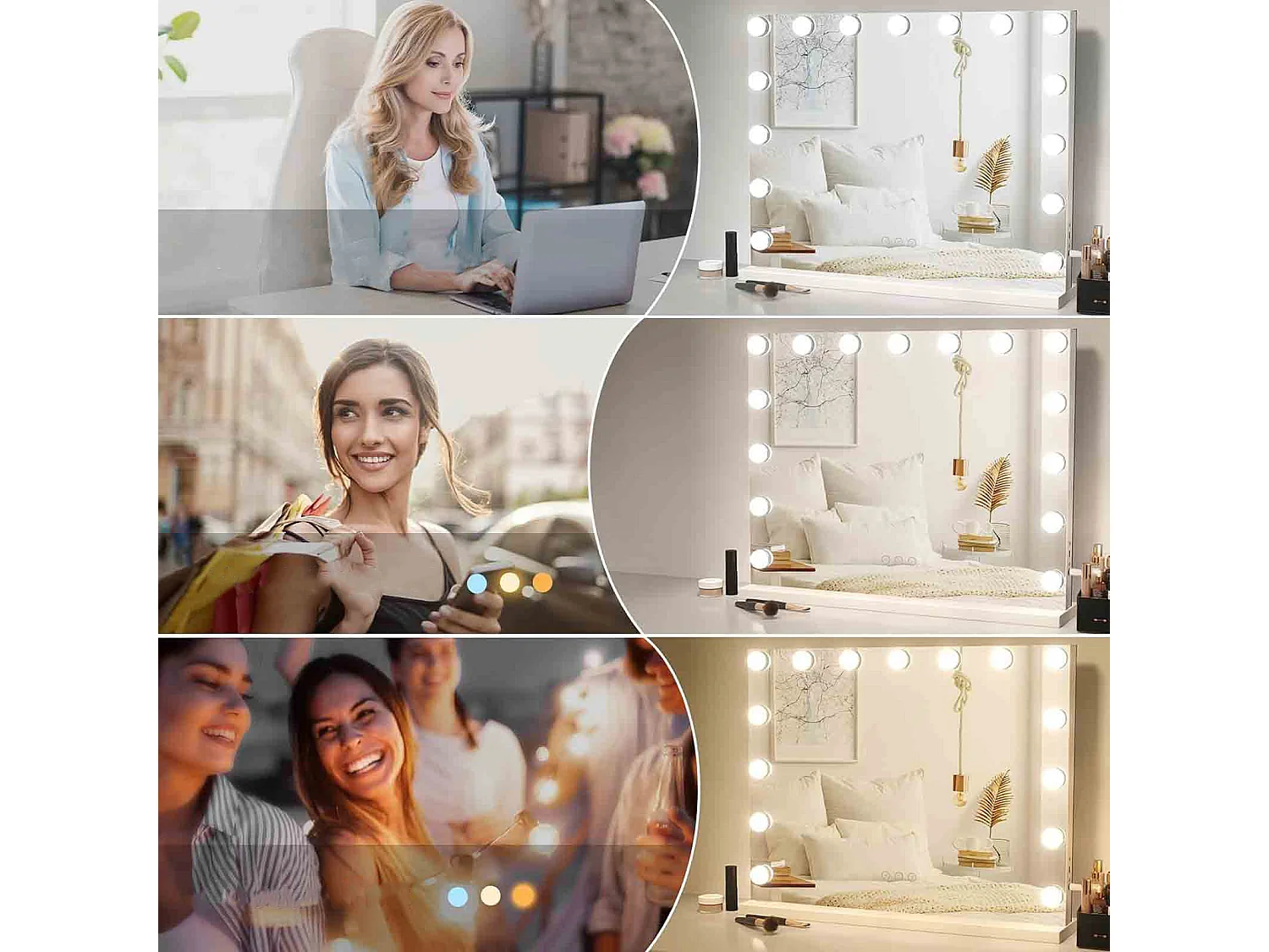 Miroir de maquillage blanc - avec 15 ampoules LED et port de chargement USB - 3 couleurs à intensité variable