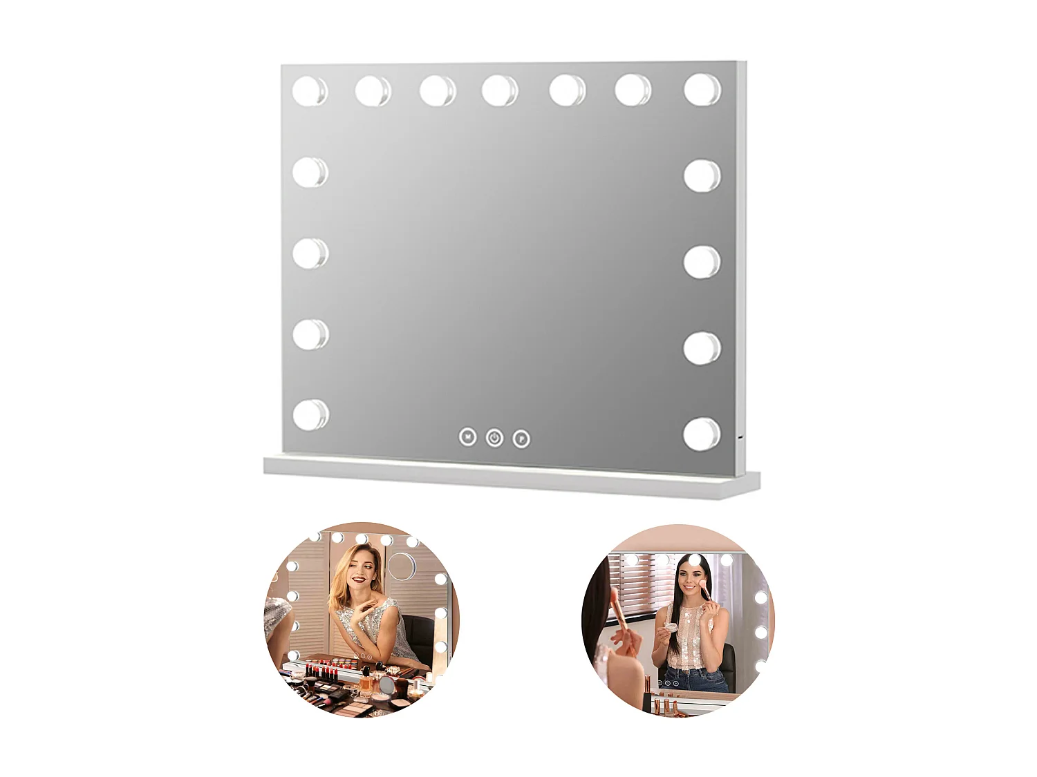 Miroir de maquillage blanc - avec 15 ampoules LED et port de chargement USB - 3 couleurs à intensité variable